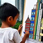 **A child drawing a futuristic skyscraper with crayons, juxtaposed against a cityscape with traditional Malaysian houses.** (Focuses on exploring ideas through a child's perspective, unexpected inspiration, and contrasting familiar with imaginative.)