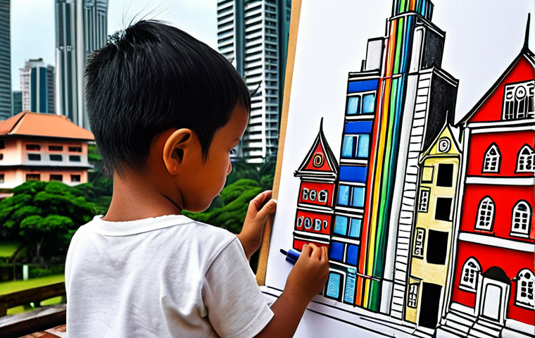 **A child drawing a futuristic skyscraper with crayons, juxtaposed against a cityscape with traditional Malaysian houses.** (Focuses on exploring ideas through a child's perspective, unexpected inspiration, and contrasting familiar with imaginative.)