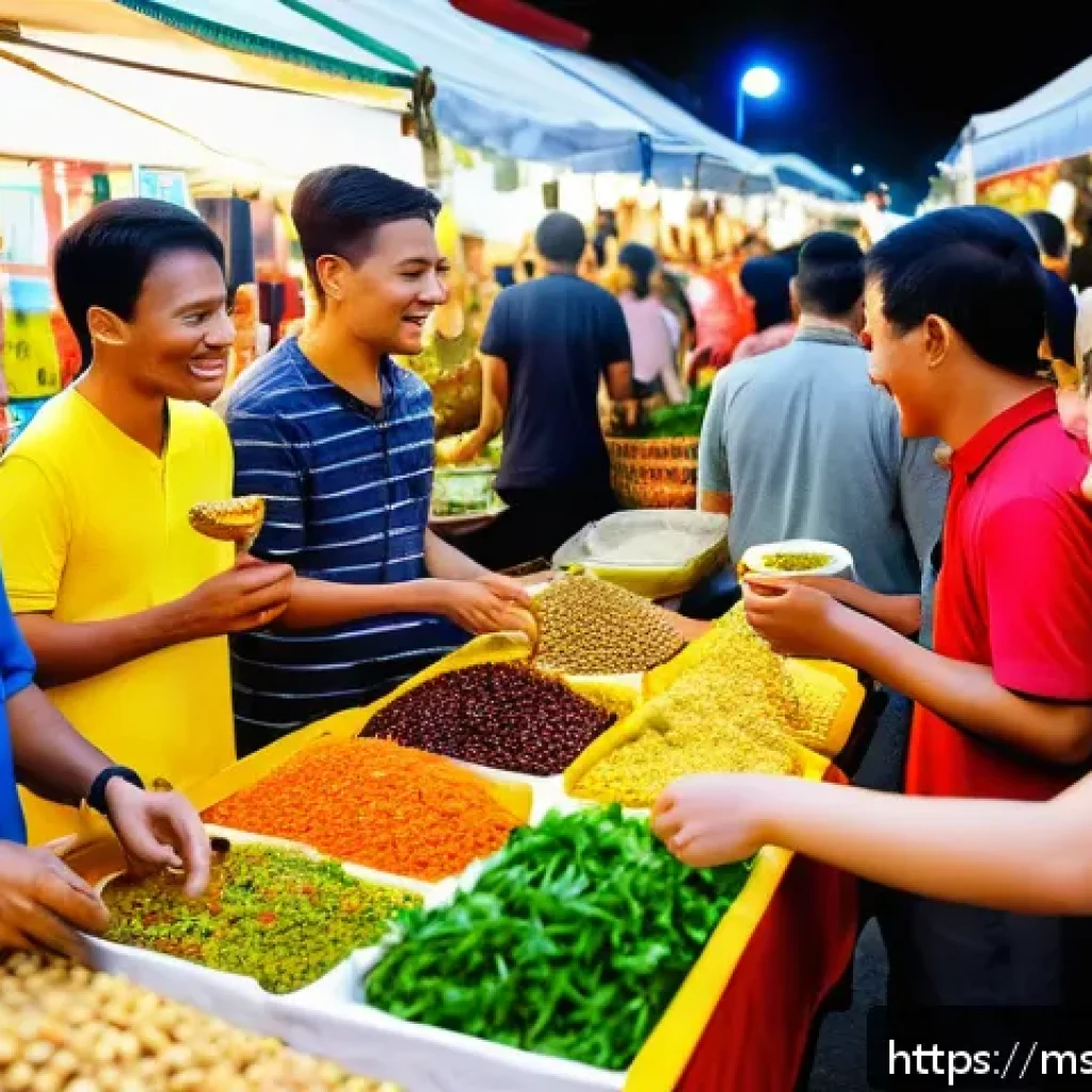 고정관념 없는 언어 교육의 필요성 - A vibrant Malaysian night market scene with diverse small vendors and customers engaging warmly, spe...