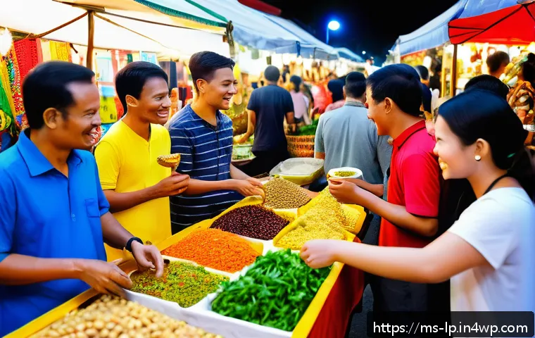 고정관념 없는 언어 교육의 필요성 - A vibrant Malaysian night market scene with diverse small vendors and customers engaging warmly, spe...