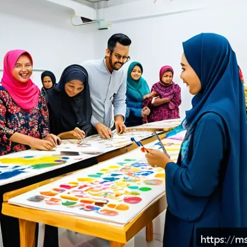 고정관념 없는 표현 개발을 위한 커뮤니티 구축 - A diverse group of Malaysian community members gathered in a bright, open cultural center, engaging ...
