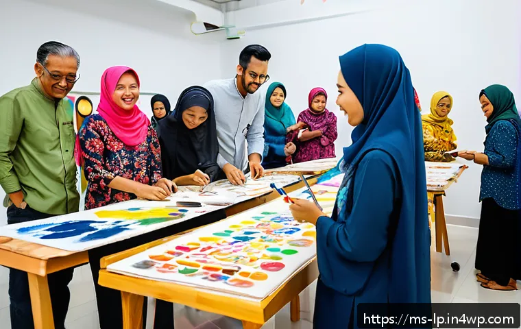 고정관념 없는 표현 개발을 위한 커뮤니티 구축 - A diverse group of Malaysian community members gathered in a bright, open cultural center, engaging ...